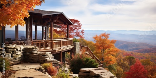 Rustoic rural modern house hotel cabin in the mountains in fall season. Nature outdooe background photo