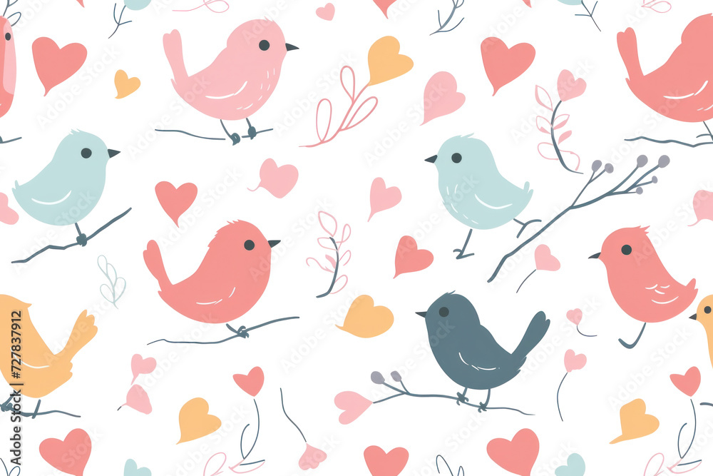 Obraz premium Pastel Seamless Valentines Hearts with Birds