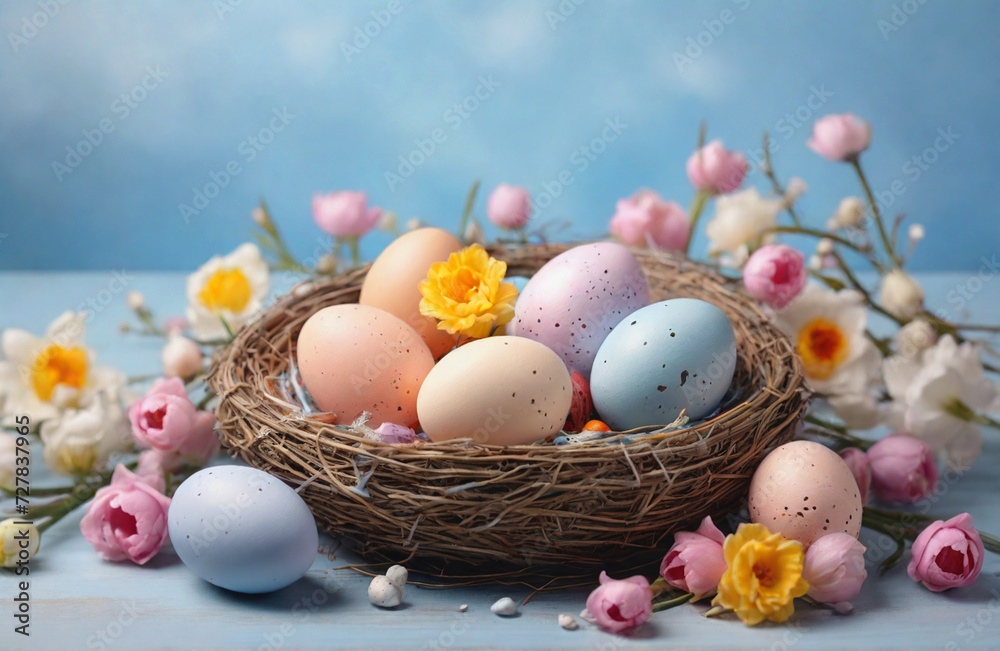 Easter eggs in nest. Happy Easter. Easter eggs in nest. Happy Easter.
