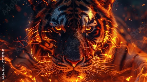 you look closeup at a psychotic tiger that jump in your face surrounded by incandescent plasma, at night © siti