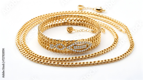 Gold jewelry. Gold chain bracelet and necklace isolated on a white background.