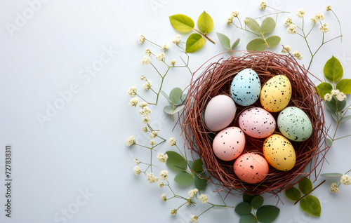 Happy easter holiday background. Colorful easter eggs in a nest. copy space