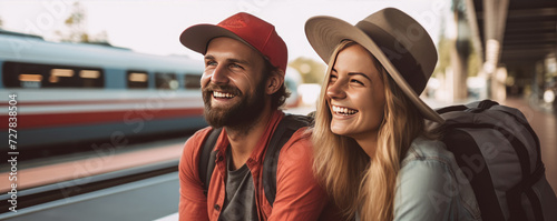 Happy young couple waiting on the train station, traveling to their vacation.  Active lifestyle concept © Filip