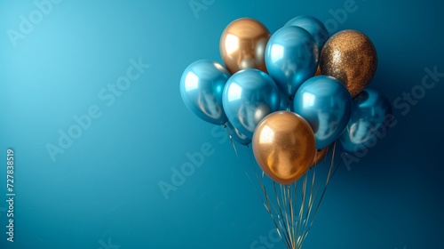 "Bouquets de ballons bleus et dorés : Atmosphère festive et joyeuse."