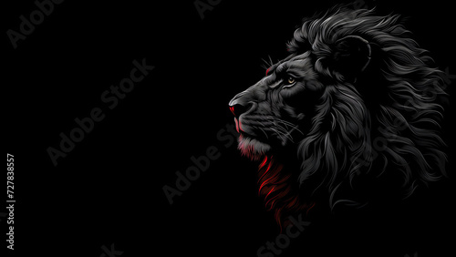 Digital drawing head of lion with mane, bold stencil design on black background with copy space for text. © Mrt