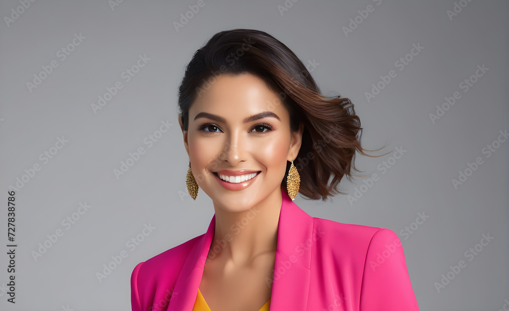 A woman who smiles brightly in colorful clothes. Generative AI A woman who smiles brightly in colorful clothes. Generative AI