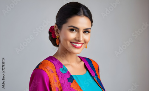 A woman who smiles brightly in colorful clothes. Generative AI
