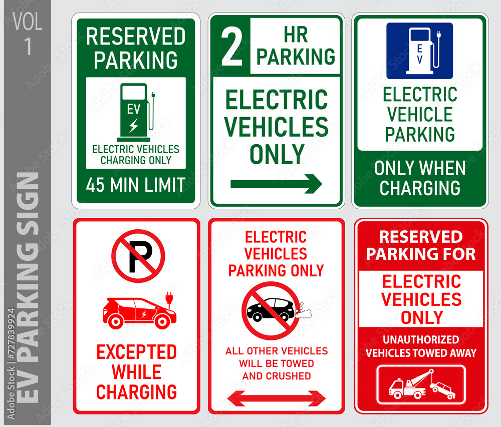 set of electric vehicle EV parking and prohibited sign. 3D Illustration ...