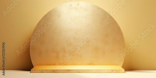 立体的な抽象背景横長テンプレート）金色の四角い展示台と丸い装飾