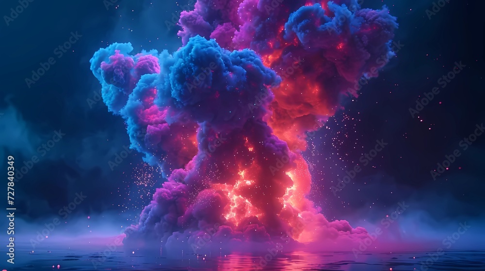 huge smoke explosion, realistic explosion, 3d neon colored fire explosion, on isolated black background
