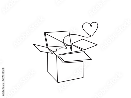 continuous One line drawing of donate box with heart. Concept of help support and volunteer activity in simple linear style. 