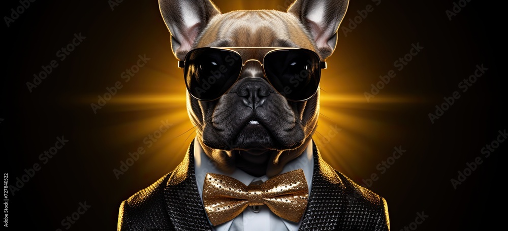 A humorous scene unfolds as a dog dons sunglasses against a dark backdrop, showcasing its fashionable attire. A humorous scene unfolds as a dog dons sunglasses against a dark backdrop, showcasing its fashionable attire.