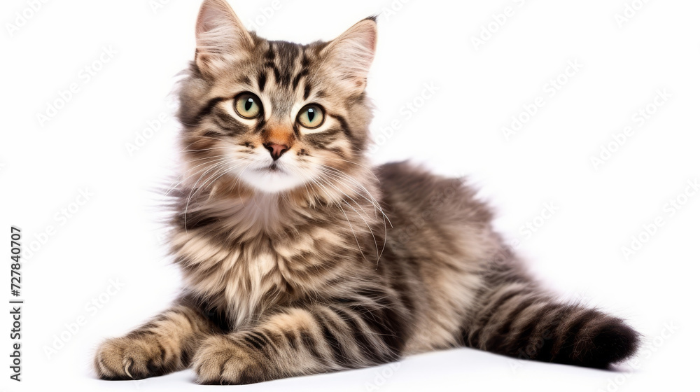 A cute cat on a white background. Copy space.