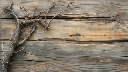 Dry tree branches on wooden planks for rustic natural background. AI generated image