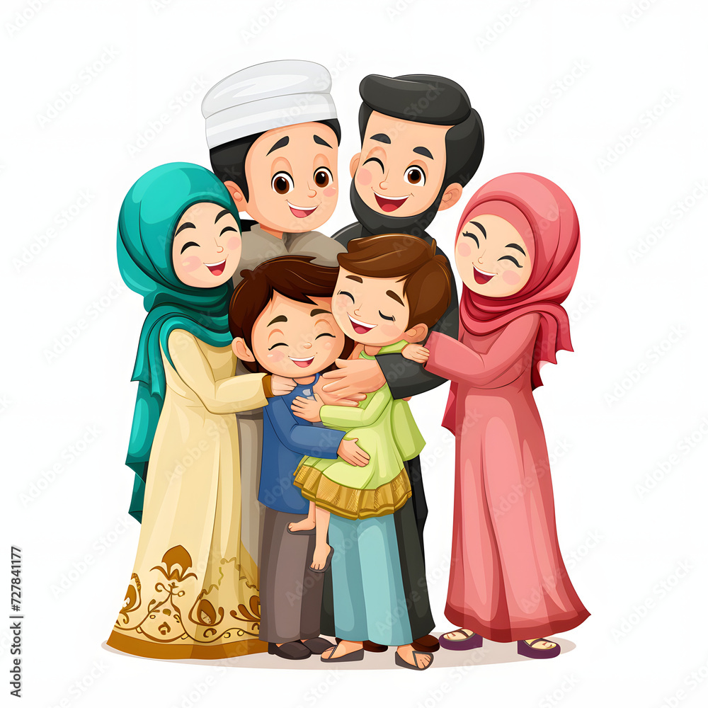 Family embracing and exchanging greetings during eid isolated on white background, png

