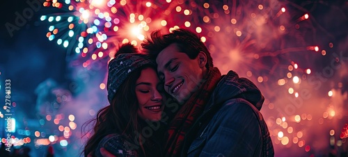 The tender moments of a couple sharing affection illuminated by exploding fireworks, capturing love in a dazzling display.