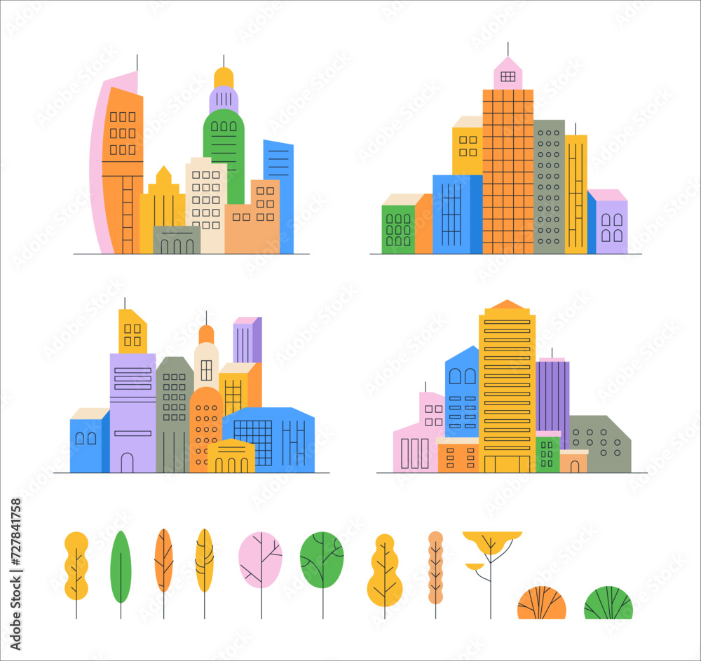 Cityscapes set, city buildings and trees. Multicolor urban constructions, skyscrapers, buildings. Flat vector illustrations