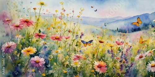 Watercolor painting of wildflowers and butterflies on sky background. © jens h.