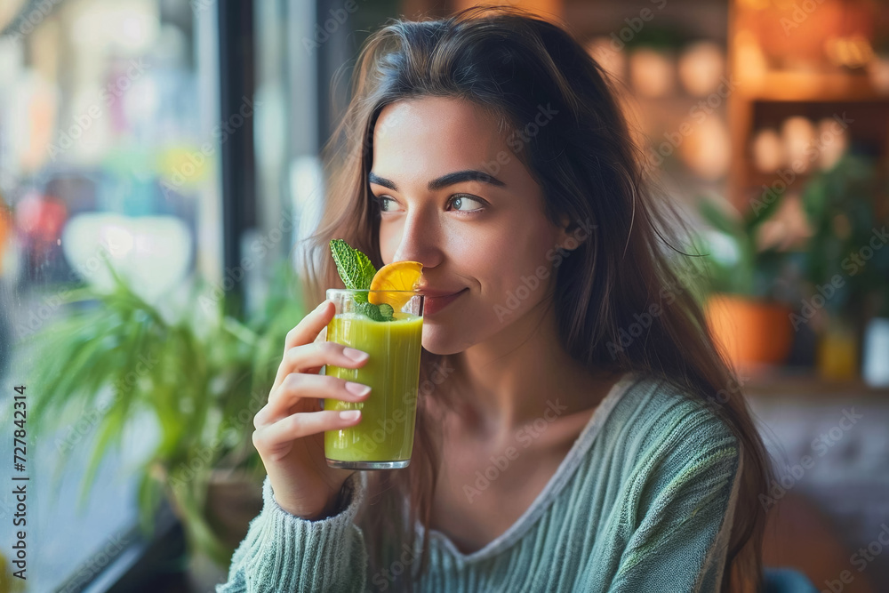 woman drinking a smoothie, with ingredients that are known to help with headaches woman drinking a smoothie, with ingredients that are known to help with headaches