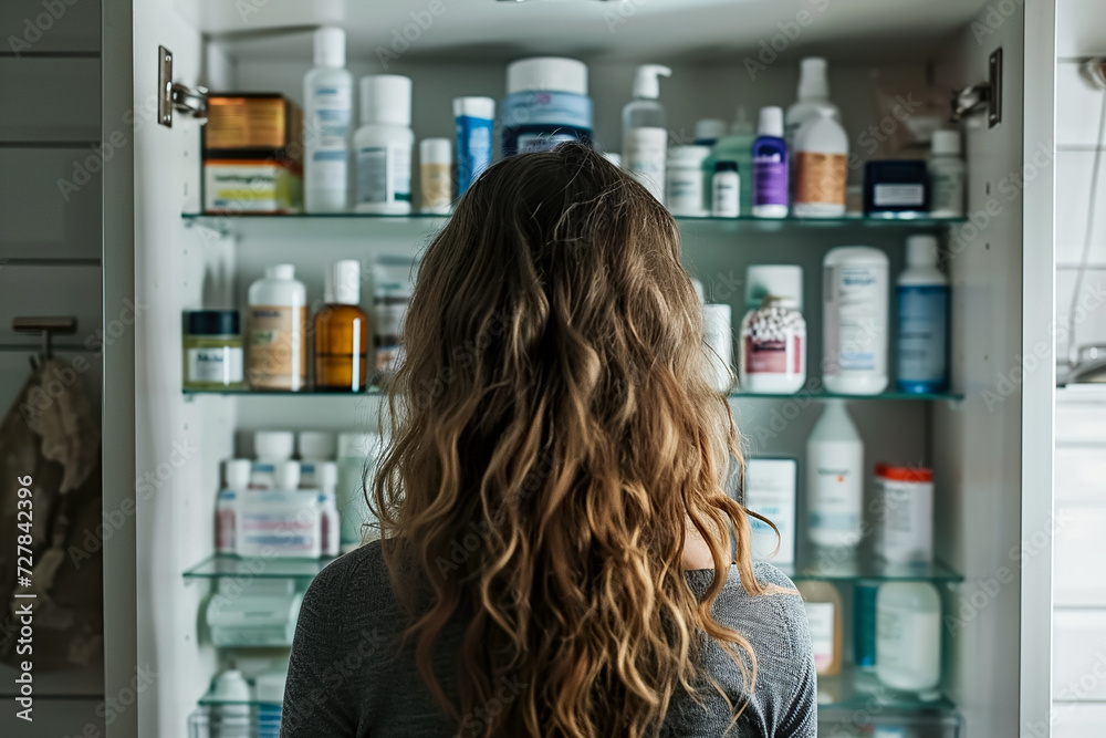 woman standing in front of the medicine cabinet, searching for pain relief