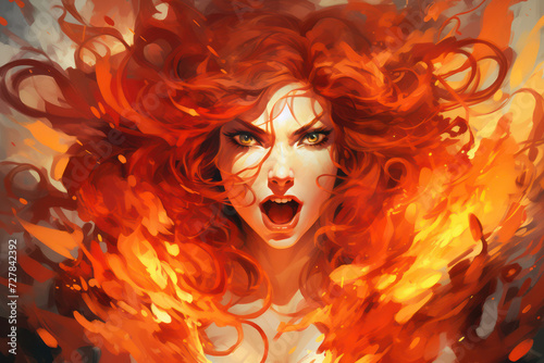 Beauty in Flames  A Fiery Portrait of a Young Female Model  Embracing Glamour  Fantasy  and Elegance in a Mysterious Watercolor Design