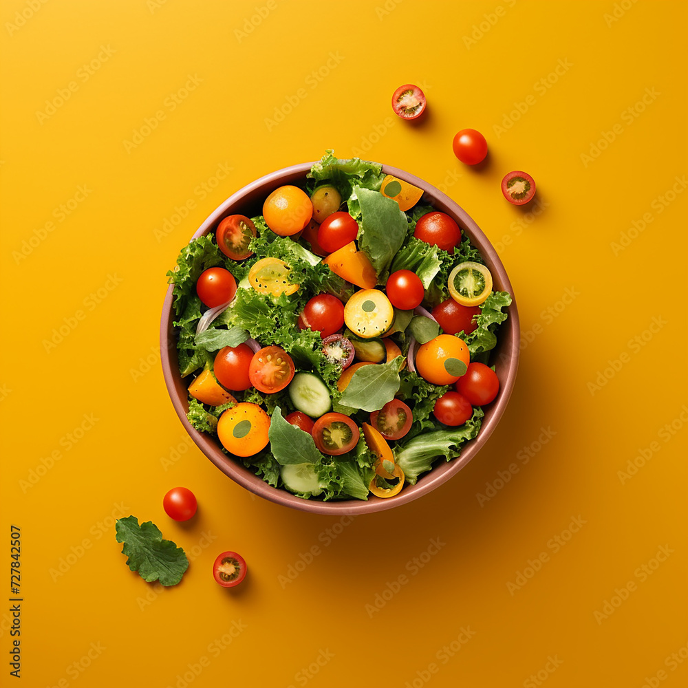 Fresh vibrant salad with assorted vegetables on yellow background Fresh vibrant salad with assorted vegetables on yellow background