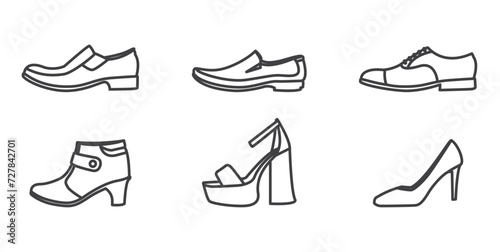 Shoe line icon set. High heels sandal, affordable classy fabulous shoes, office footwear, slipper shoes vector illustrations. Simple outline signs for fashion icon.