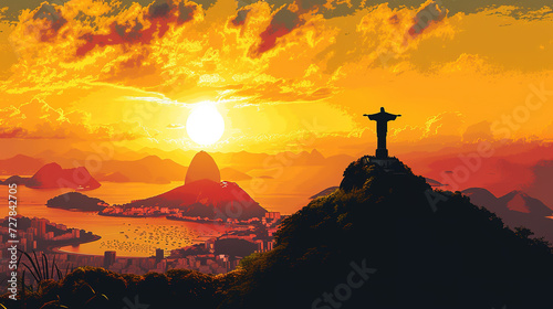 Beautiful scenic view of Christ the Redeemer in Brazil during sunrise in landscape comic style.