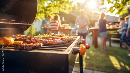 Group of friends having a party outdoors. Focus on grill