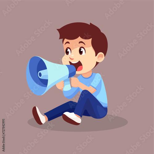 cute little boy joyful playing with megaphone