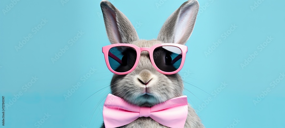 The cuteness factor soars as a rabbit poses confidently in sunglasses against a backdrop of bright blue.
