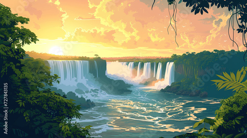 Beautiful scenic view of Iguazu Falls in brazil during sunrise in landscape comic style.
