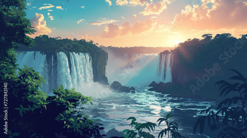 Beautiful scenic view of Iguazu Falls in brazil during sunrise in landscape comic style. #727843140