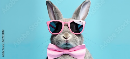 The cuteness factor soars as a rabbit poses confidently in sunglasses against a backdrop of bright blue. © Murda