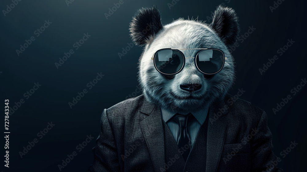 Cool looking panda wearing sunglasses, suit and tie isolated on dark background with copyspace for text.