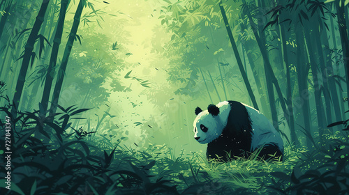 Beautiful scenic view of panda in the bamboo forest in landscape comic style.