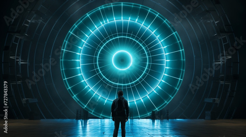 People looking at a bright color screen in a blue color stage with beautiful light effects mockup banner illustration   