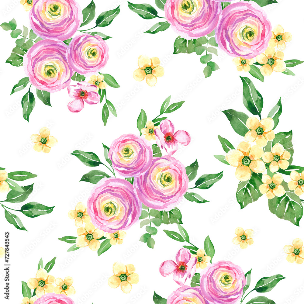 Watercolor hand drawn floral seamless pattern. Green leaves, pink ranunculus, rose, Botanical flowers illustration. White background