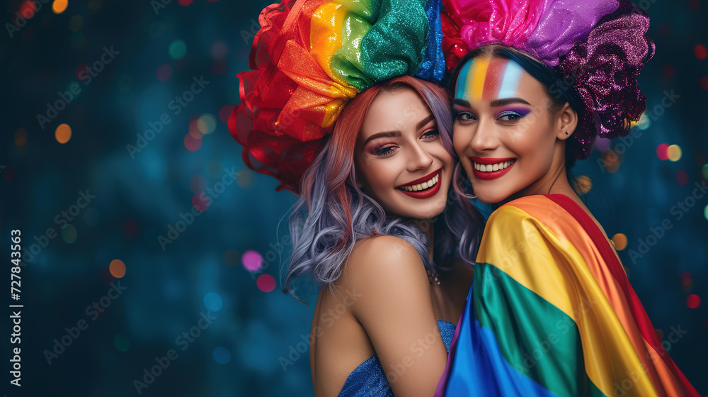 Fototapeta premium Cool looking lesbian couple wearing rainbow costume isolated on dark background withh copyspace for text. LGBTQ and pride month concept.