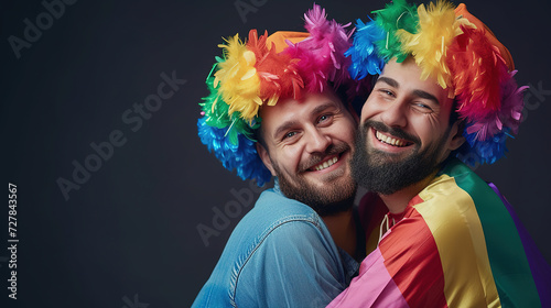 Cool looking gay couple wearing rainbow costume isolated on dark background withh copyspace for text. LGBTQ and pride month concept.