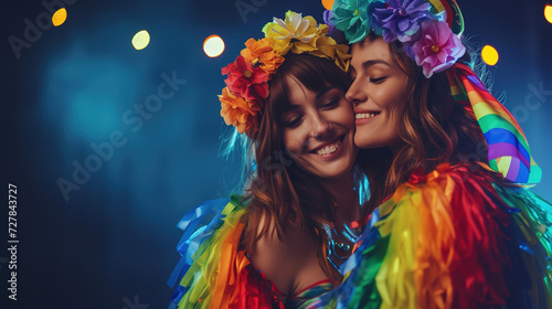 Cool looking lesbian couple wearing rainbow costume isolated on dark background withh copyspace for text. LGBTQ and pride month concept.