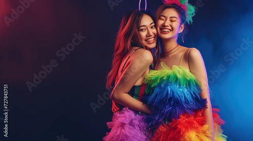 Cool looking lesbian couple wearing rainbow costume isolated on dark background withh copyspace for text. LGBTQ and pride month concept.
