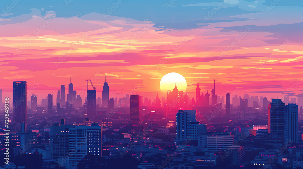 Fototapeta premium Beautiful scenic view of Bangkok, Thailand during sunrise in landscape comic style.
