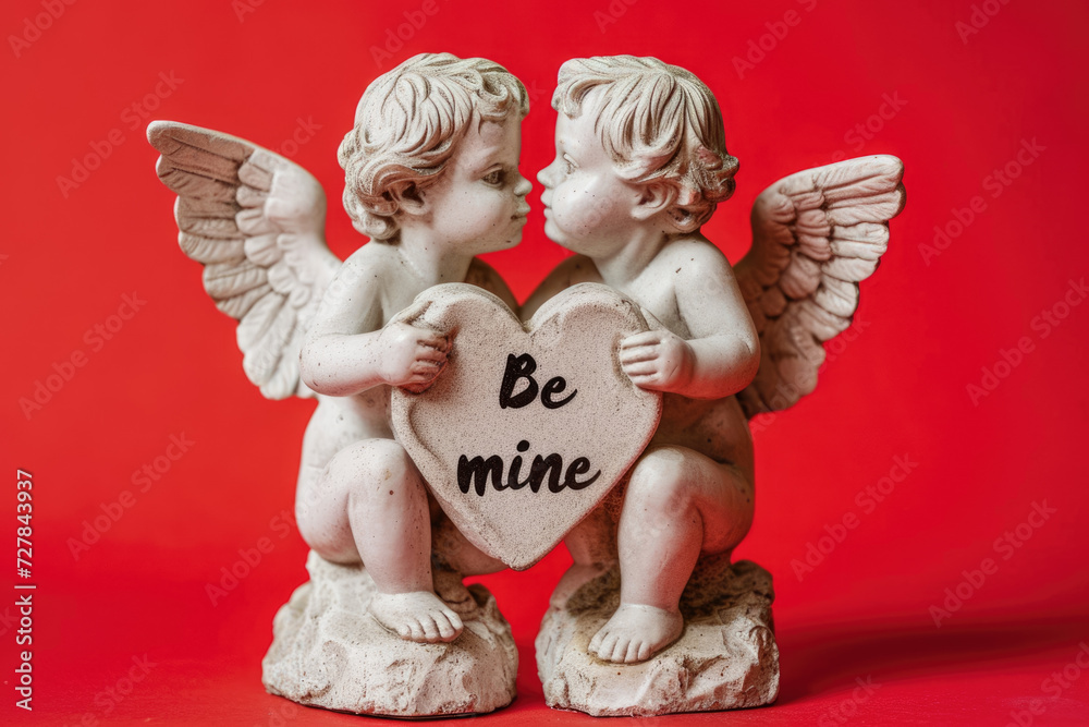 Fototapeta premium pair of cupids holding hands, with a red background