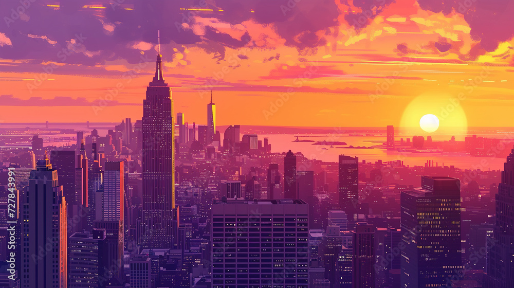 Obraz premium Beautiful scenic view of new york, usa during sunrise in landscape comic style.