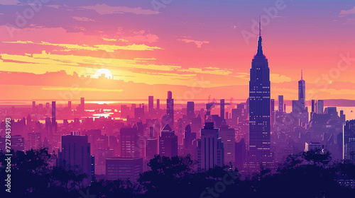 Beautiful scenic view of new york, usa during sunrise in landscape comic style.