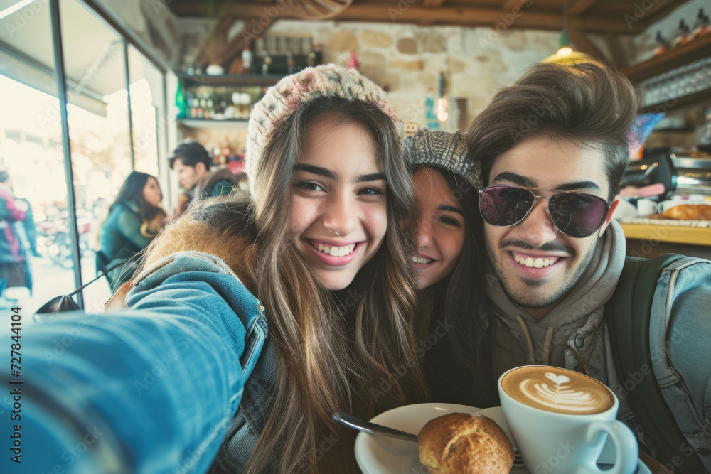 Obraz premium group of friends taking a selfie in a cafe, with coffee cups and pastries