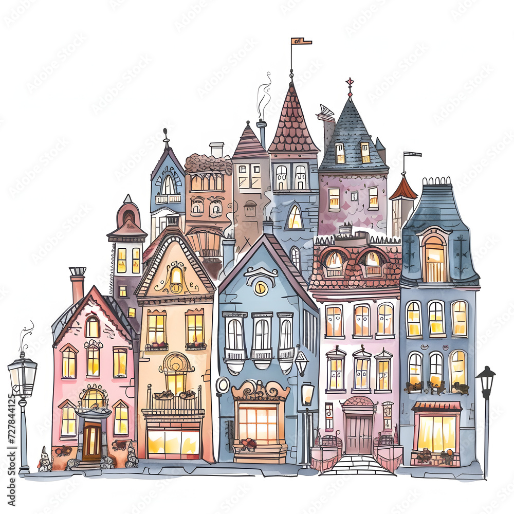 Ornate decoration of homes and streets with lights isolated on white background, doodle style, png
