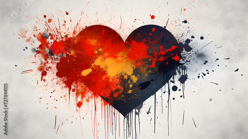Grunge heart shape and paint blobs splattered