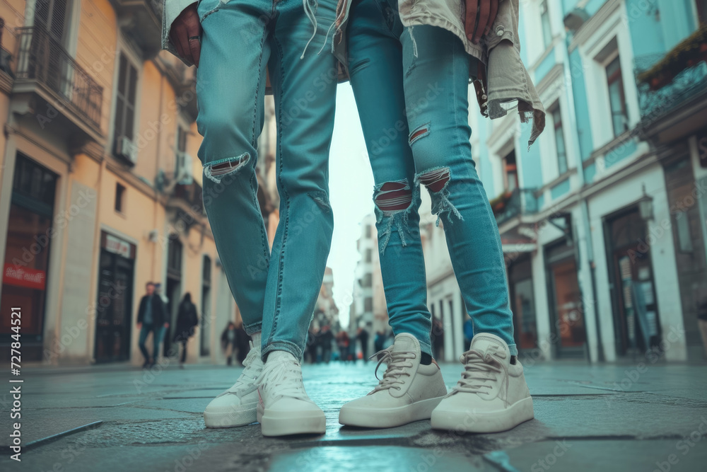 couple with a casual clothes and a sneakers and a professional overlay on the street - obrazy, fototapety, plakaty 